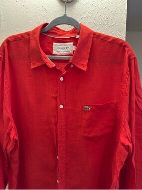 Lacoste Men's Bright Red Lightweight Button-Down Shirt ,, lino size 45